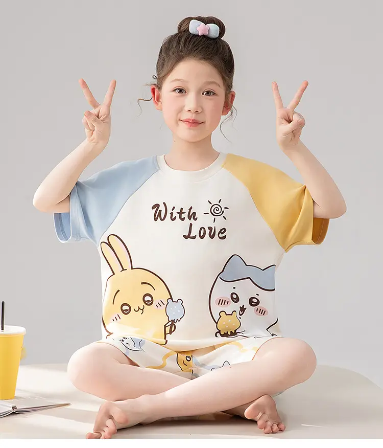 100% Cotton Medium and Large Kidsren's Pajamas Summer Girls Cartoon Short-Sleeved Shorts Home Clothes Girls Suit New Style — feature 11