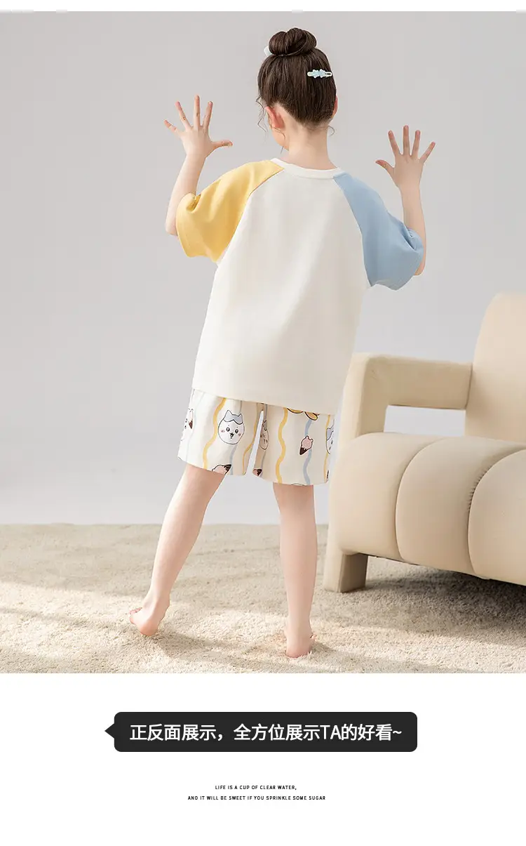 100% Cotton Medium and Large Kidsren's Pajamas Summer Girls Cartoon Short-Sleeved Shorts Home Clothes Girls Suit New Style — feature 12
