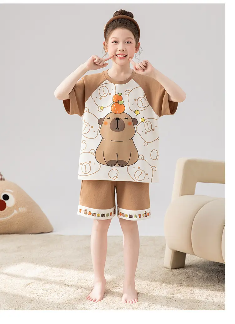 100% Cotton Medium and Large Kidsren's Pajamas Summer Girls Cartoon Short-Sleeved Shorts Home Clothes Girls Suit New Style — feature 13