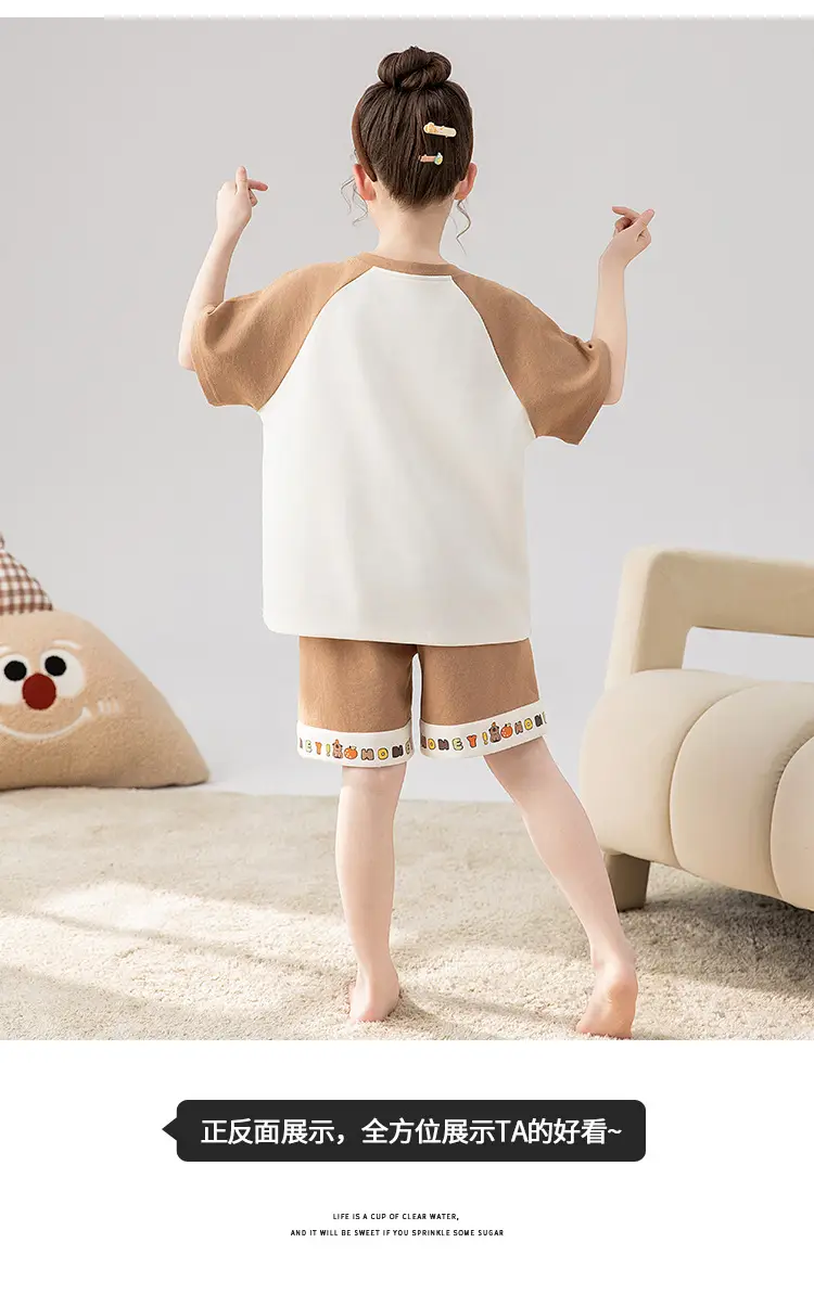 100% Cotton Medium and Large Kidsren's Pajamas Summer Girls Cartoon Short-Sleeved Shorts Home Clothes Girls Suit New Style — feature 14