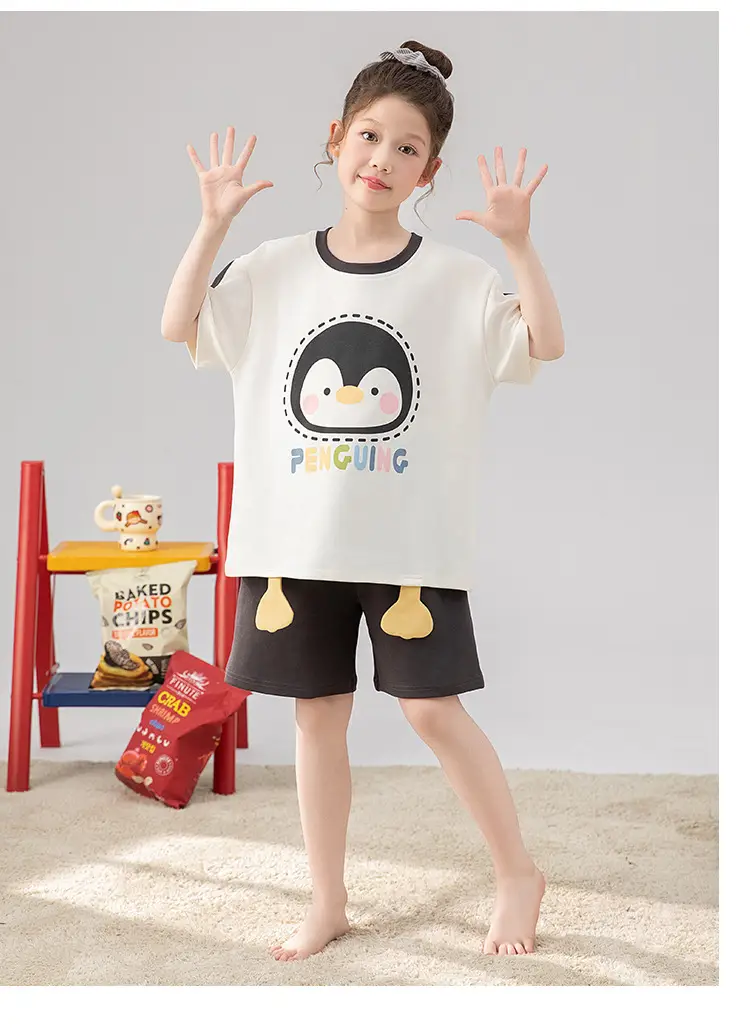 100% Cotton Medium and Large Kidsren's Pajamas Summer Girls Cartoon Short-Sleeved Shorts Home Clothes Girls Suit New Style — feature 15