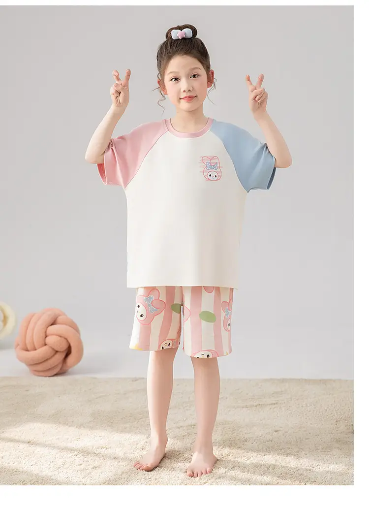 100% Cotton Medium and Large Kidsren's Pajamas Summer Girls Cartoon Short-Sleeved Shorts Home Clothes Girls Suit New Style — feature 17