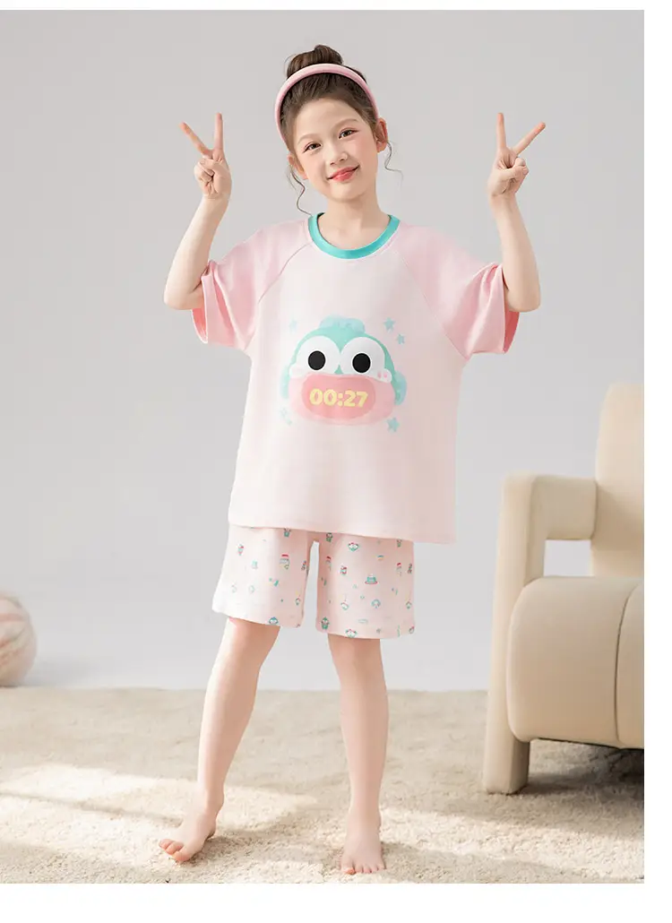 100% Cotton Medium and Large Kidsren's Pajamas Summer Girls Cartoon Short-Sleeved Shorts Home Clothes Girls Suit New Style — feature 19