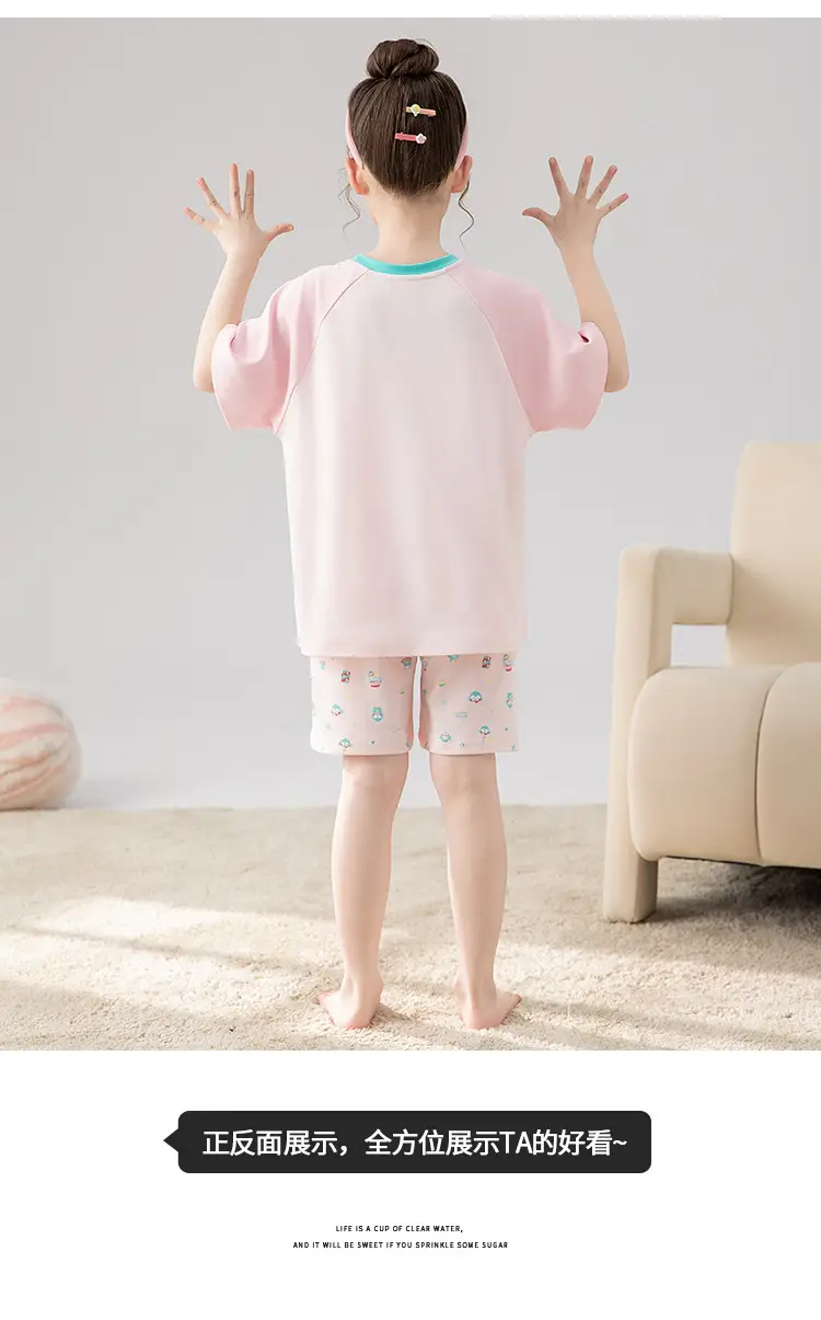 100% Cotton Medium and Large Kidsren's Pajamas Summer Girls Cartoon Short-Sleeved Shorts Home Clothes Girls Suit New Style — feature 20