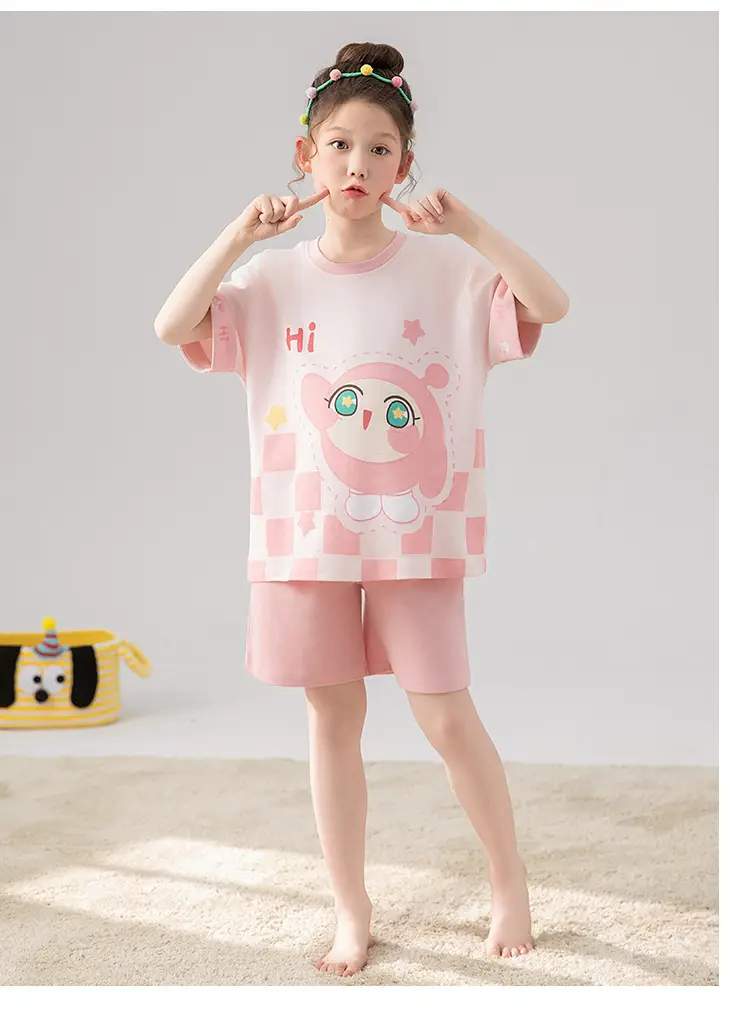 100% Cotton Medium and Large Kidsren's Pajamas Summer Girls Cartoon Short-Sleeved Shorts Home Clothes Girls Suit New Style — feature 21