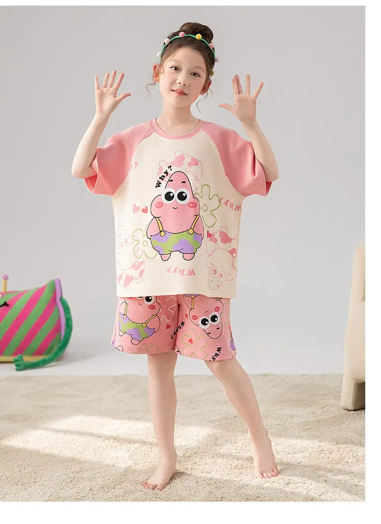 100% Cotton Medium and Large Kidsren's Pajamas Summer Girls Cartoon Short-Sleeved Shorts Home Clothes Girls Suit New Style — feature 23