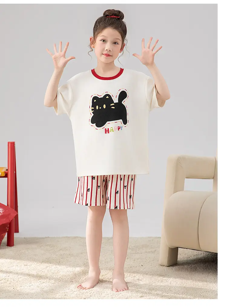 100% Cotton Medium and Large Kidsren's Pajamas Summer Girls Cartoon Short-Sleeved Shorts Home Clothes Girls Suit New Style — feature 25