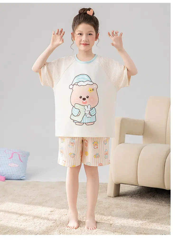 100% Cotton Medium and Large Kidsren's Pajamas Summer Girls Cartoon Short-Sleeved Shorts Home Clothes Girls Suit New Style — feature 27
