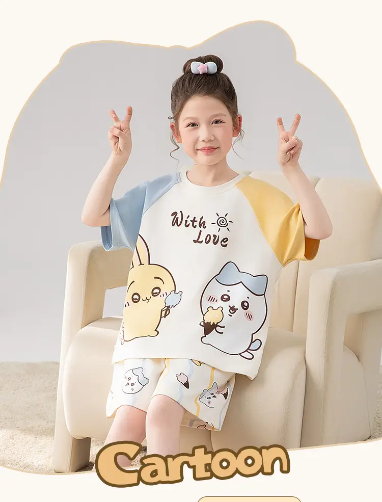 100% Cotton Medium and Large Kidsren's Pajamas Summer Girls Cartoon Short-Sleeved Shorts Home Clothes Girls Suit New Style — feature 3