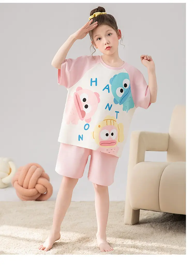 100% Cotton Medium and Large Kidsren's Pajamas Summer Girls Cartoon Short-Sleeved Shorts Home Clothes Girls Suit New Style — feature 31