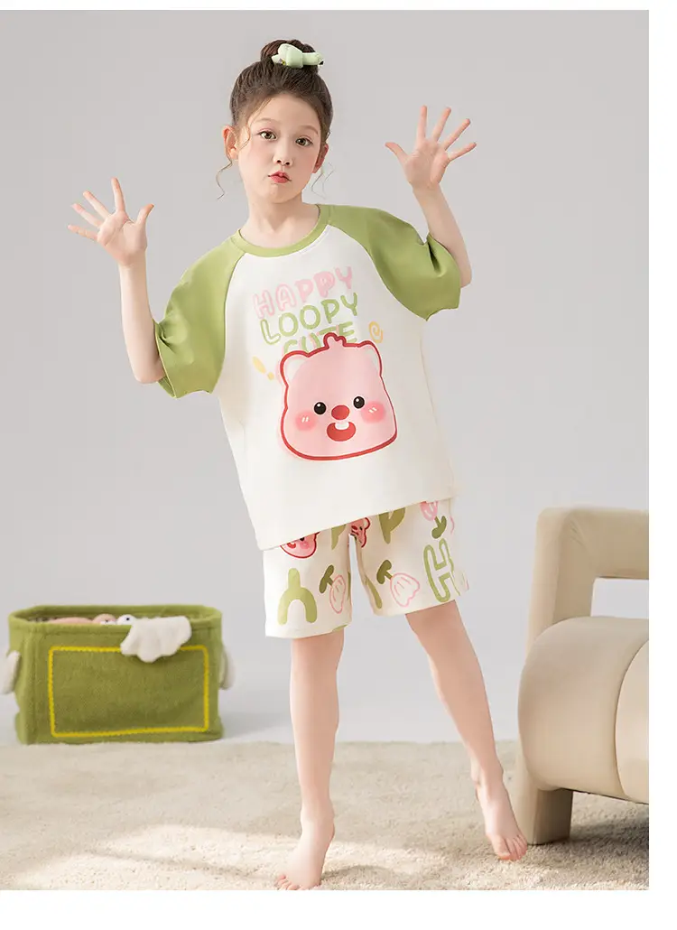 100% Cotton Medium and Large Kidsren's Pajamas Summer Girls Cartoon Short-Sleeved Shorts Home Clothes Girls Suit New Style — feature 33