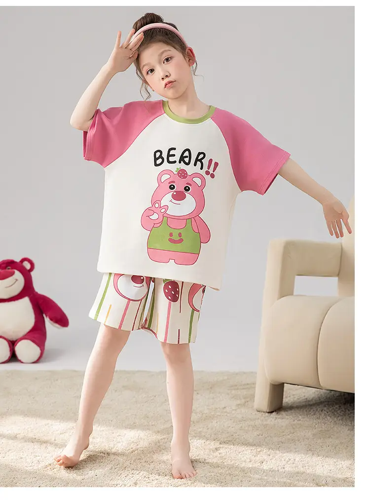 100% Cotton Medium and Large Kidsren's Pajamas Summer Girls Cartoon Short-Sleeved Shorts Home Clothes Girls Suit New Style — feature 35
