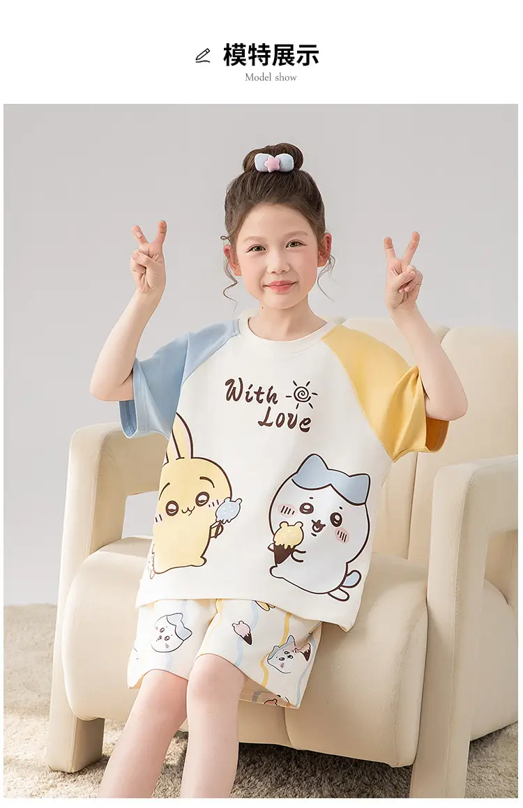 100% Cotton Medium and Large Kidsren's Pajamas Summer Girls Cartoon Short-Sleeved Shorts Home Clothes Girls Suit New Style — feature 8