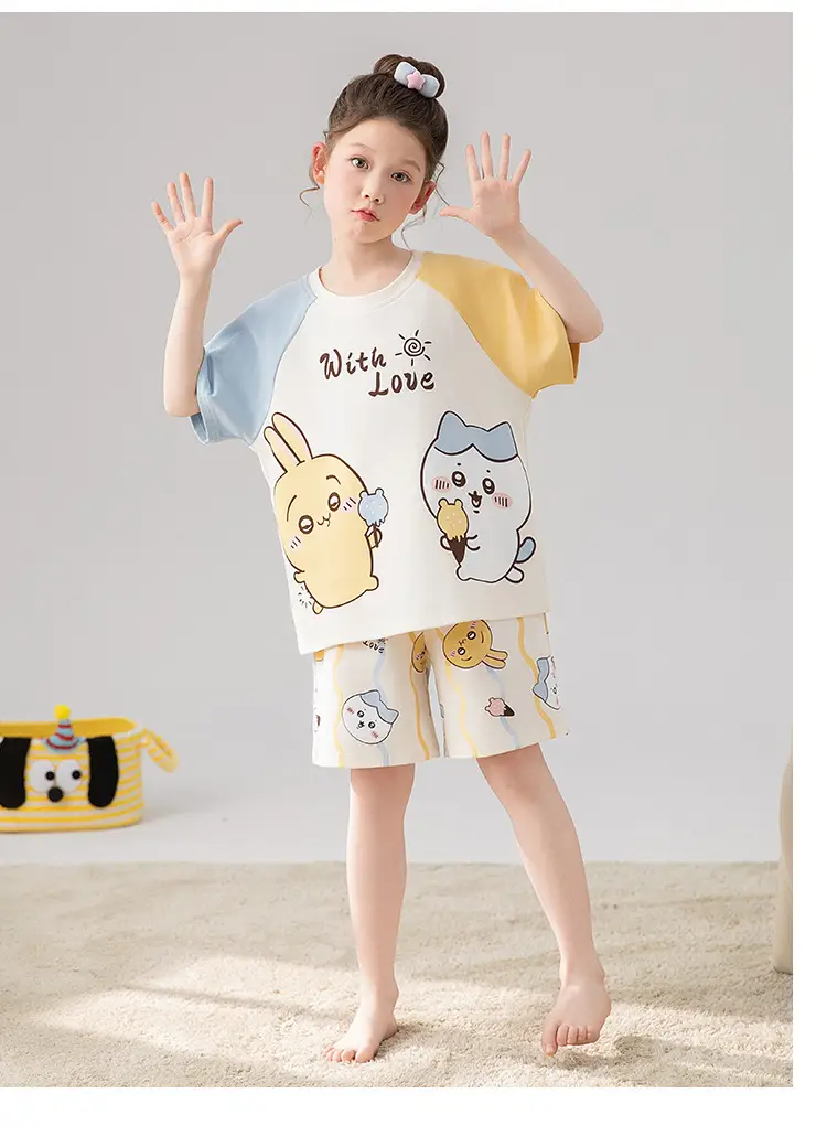 100% Cotton Medium and Large Kidsren's Pajamas Summer Girls Cartoon Short-Sleeved Shorts Home Clothes Girls Suit New Style — feature 9