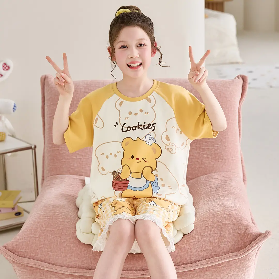 100% Cotton Medium and Large Kidsren's Pajamas Summer Girls Cartoon Short-Sleeved Shorts Home Clothes Girls Suit New Style