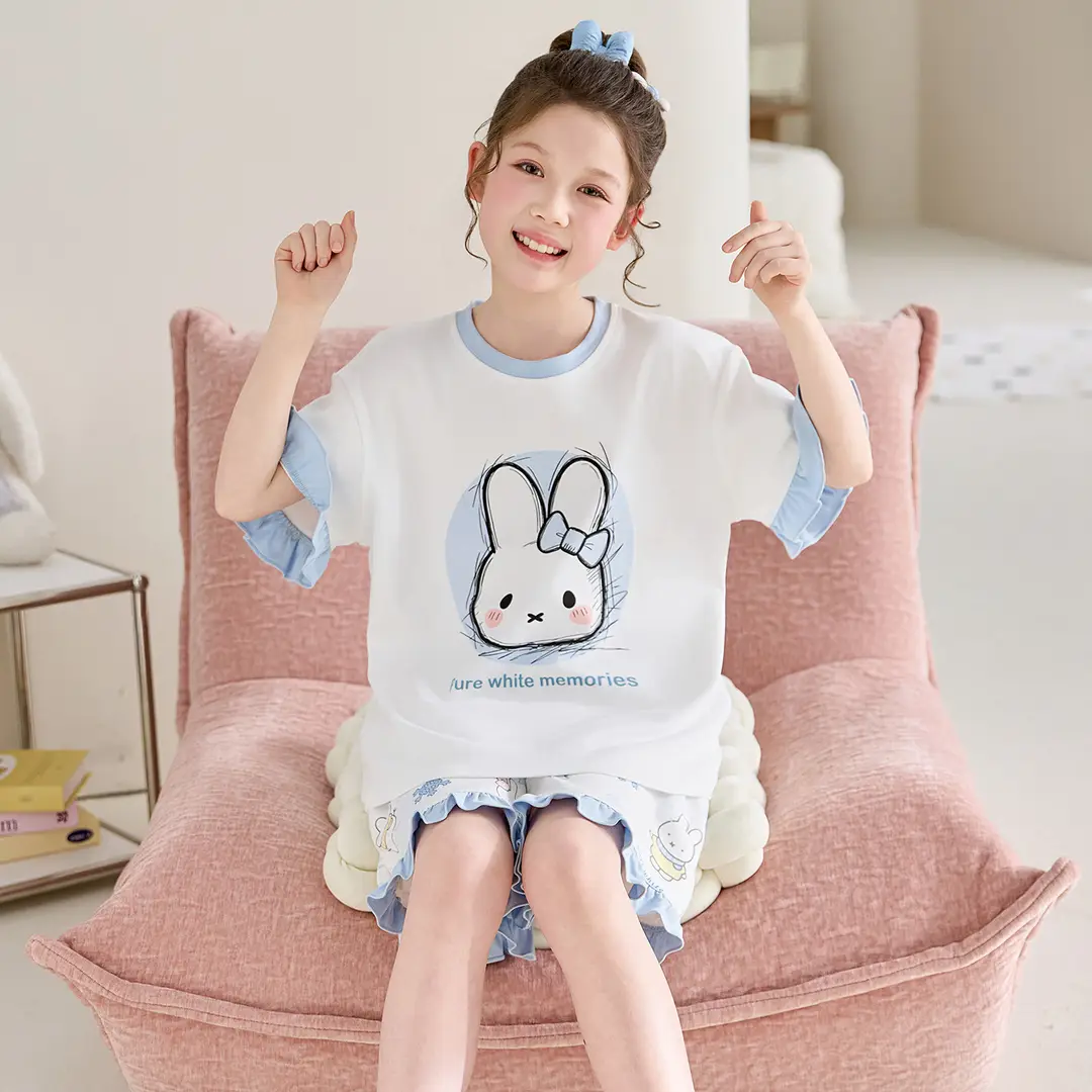 100% Cotton Medium and Large Kidsren's Pajamas Summer Girls Cartoon Short-Sleeved Shorts Home Clothes Girls Suit New Style