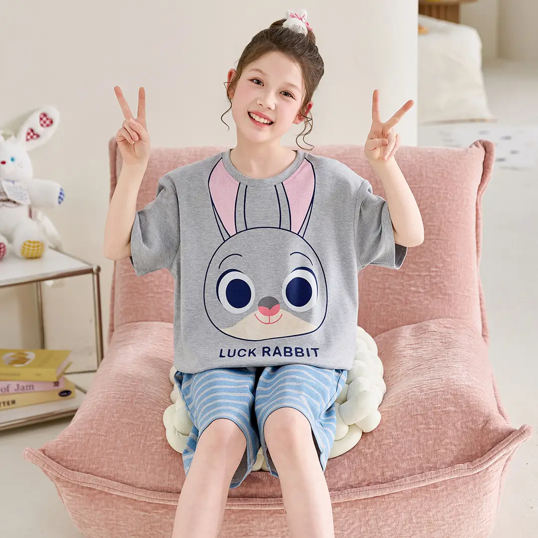 100% Cotton Medium and Large Kidsren's Pajamas Summer Girls Cartoon Short-Sleeved Shorts Home Clothes Girls Suit New Style