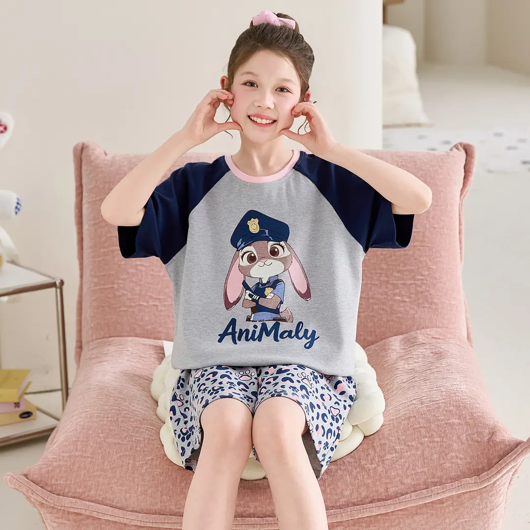 100% Cotton Medium and Large Kidsren's Pajamas Summer Girls Cartoon Short-Sleeved Shorts Home Clothes Girls Suit New Style