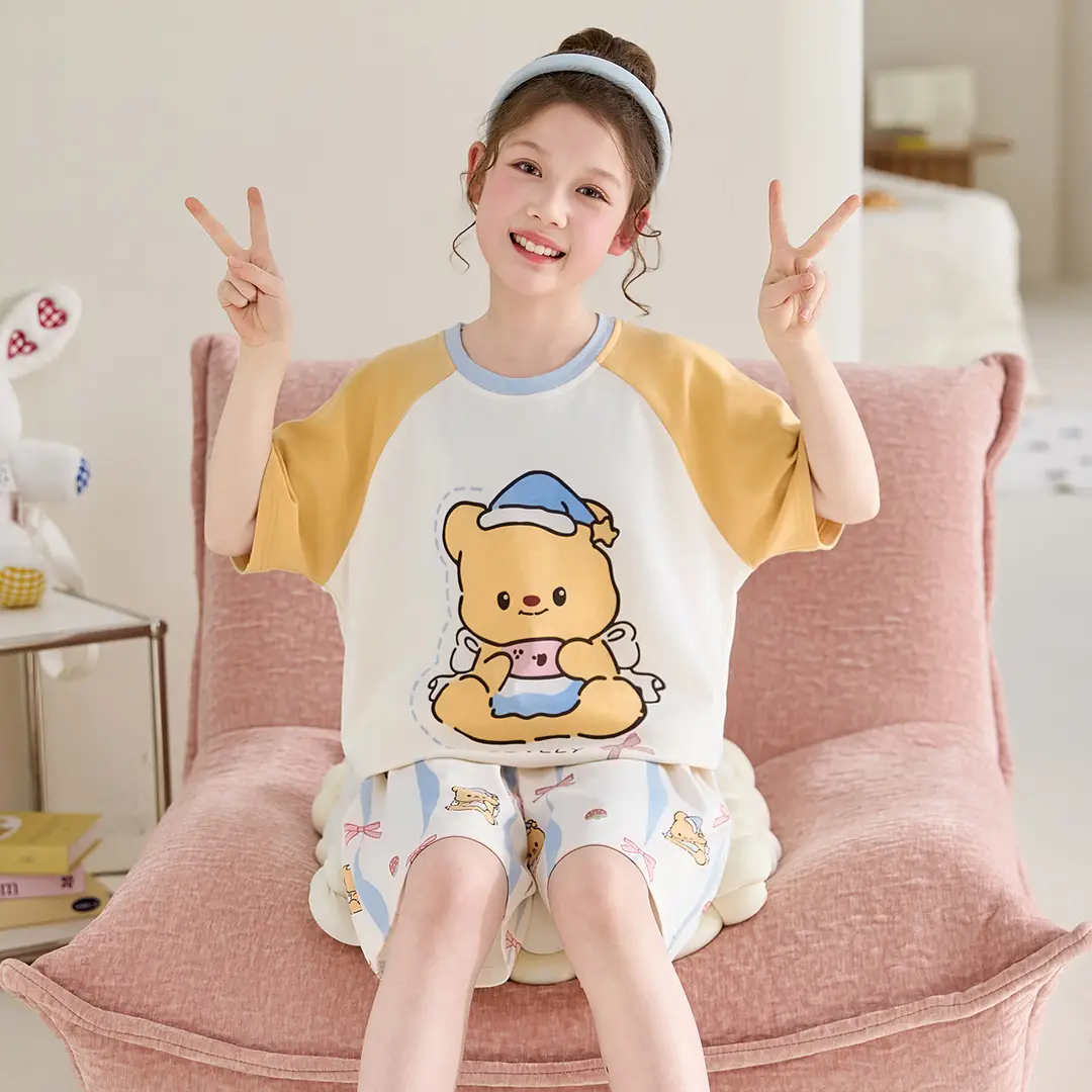 100% Cotton Medium and Large Kidsren's Pajamas Summer Girls Cartoon Short-Sleeved Shorts Home Clothes Girls Suit New Style