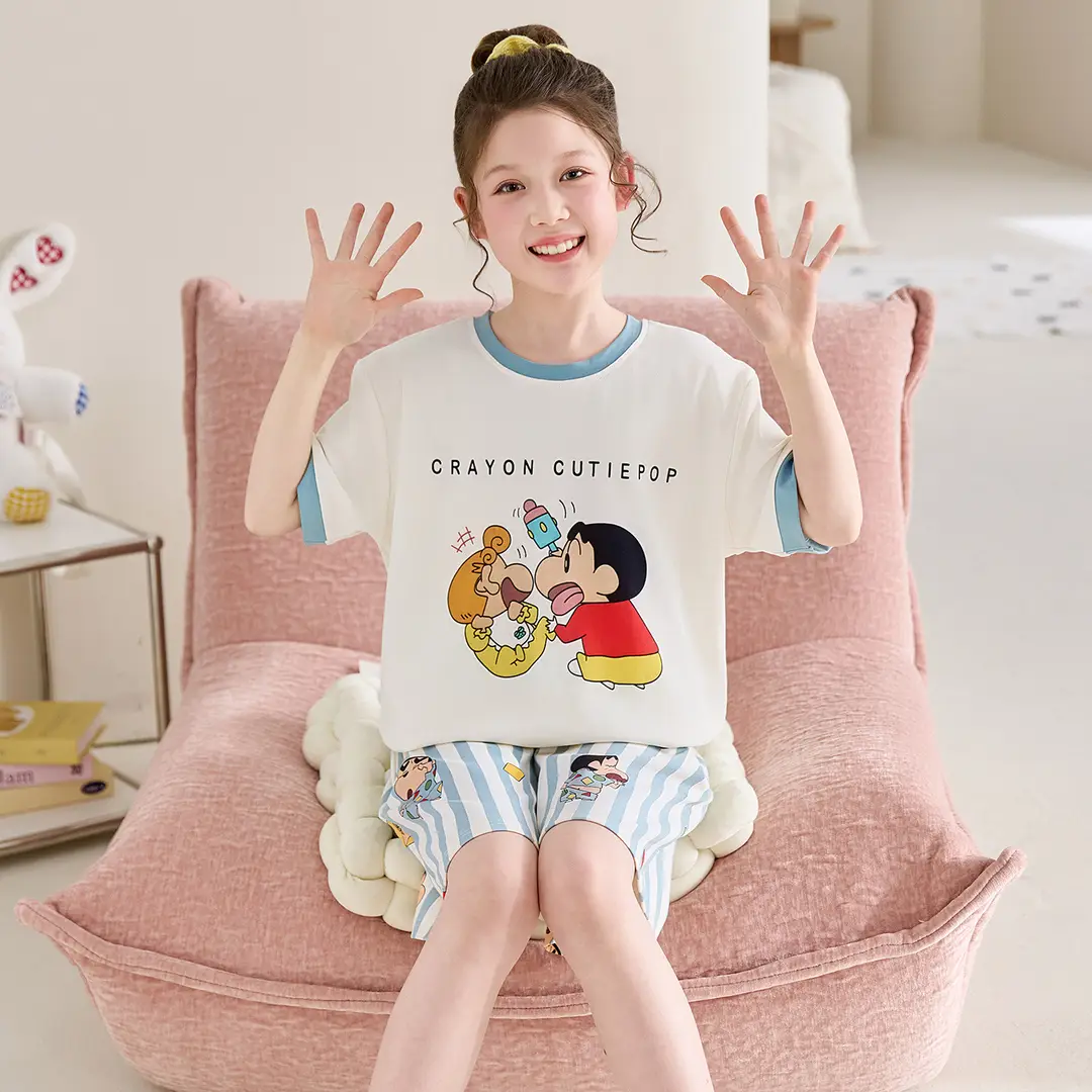 100% Cotton Medium and Large Kidsren's Pajamas Summer Girls Cartoon Short-Sleeved Shorts Home Clothes Girls Suit New Style