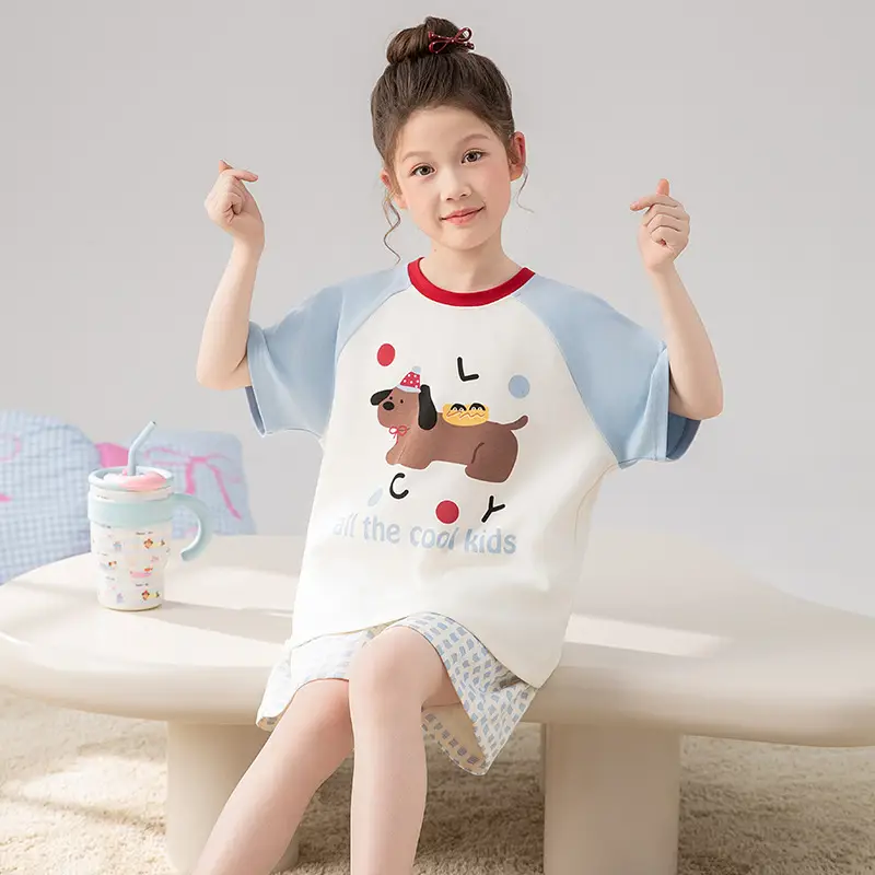 100% Cotton Medium and Large Kidsren's Pajamas Summer Girls Cartoon Short-Sleeved Shorts Home Clothes Girls Suit New Style
