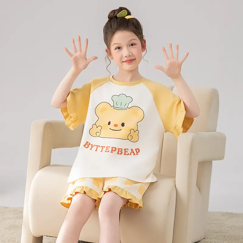 100% Cotton Medium and Large Kidsren's Pajamas Summer Girls Cartoon Short-Sleeved Shorts Home Clothes Girls Suit New Style