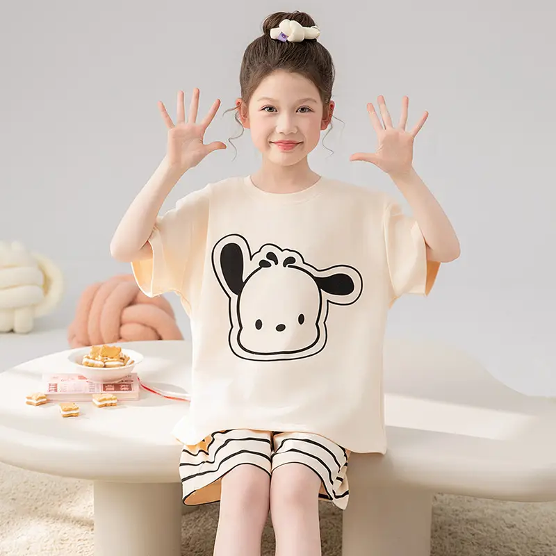 100% Cotton Medium and Large Kidsren's Pajamas Summer Girls Cartoon Short-Sleeved Shorts Home Clothes Girls Suit New Style