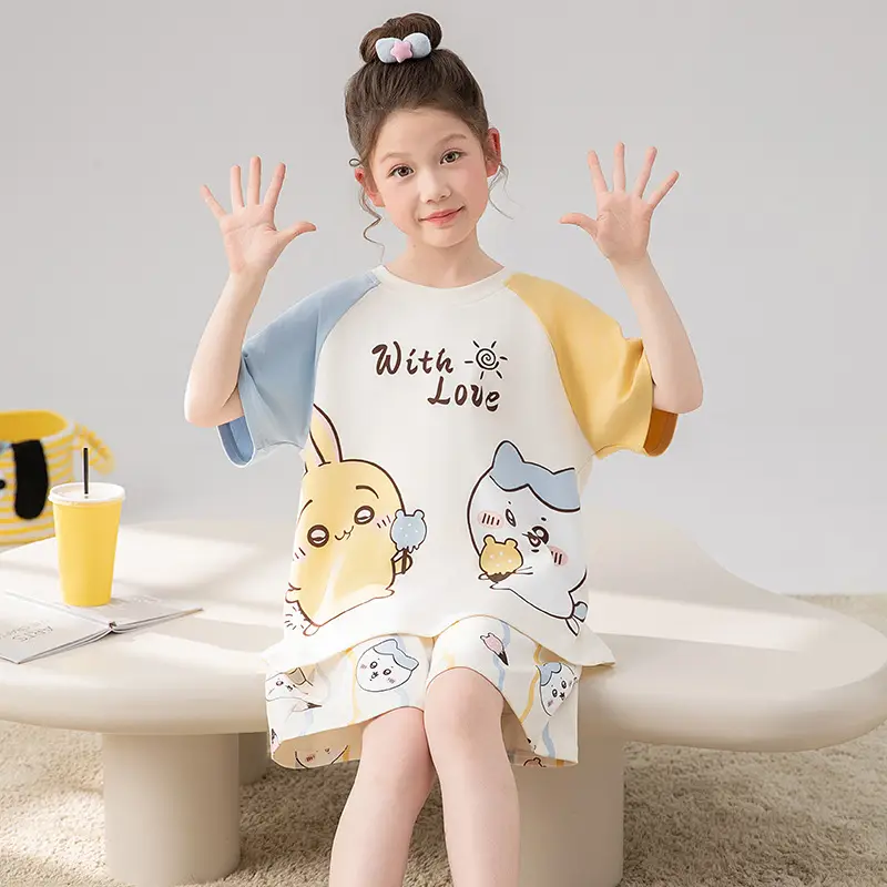 100% Cotton Medium and Large Kidsren's Pajamas Summer Girls Cartoon Short-Sleeved Shorts Home Clothes Girls Suit New Style