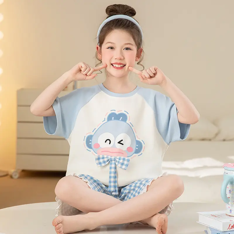 100% Cotton Medium and Large Kidsren's Pajamas Summer Girls Cartoon Short-Sleeved Shorts Home Clothes Girls Suit New Style