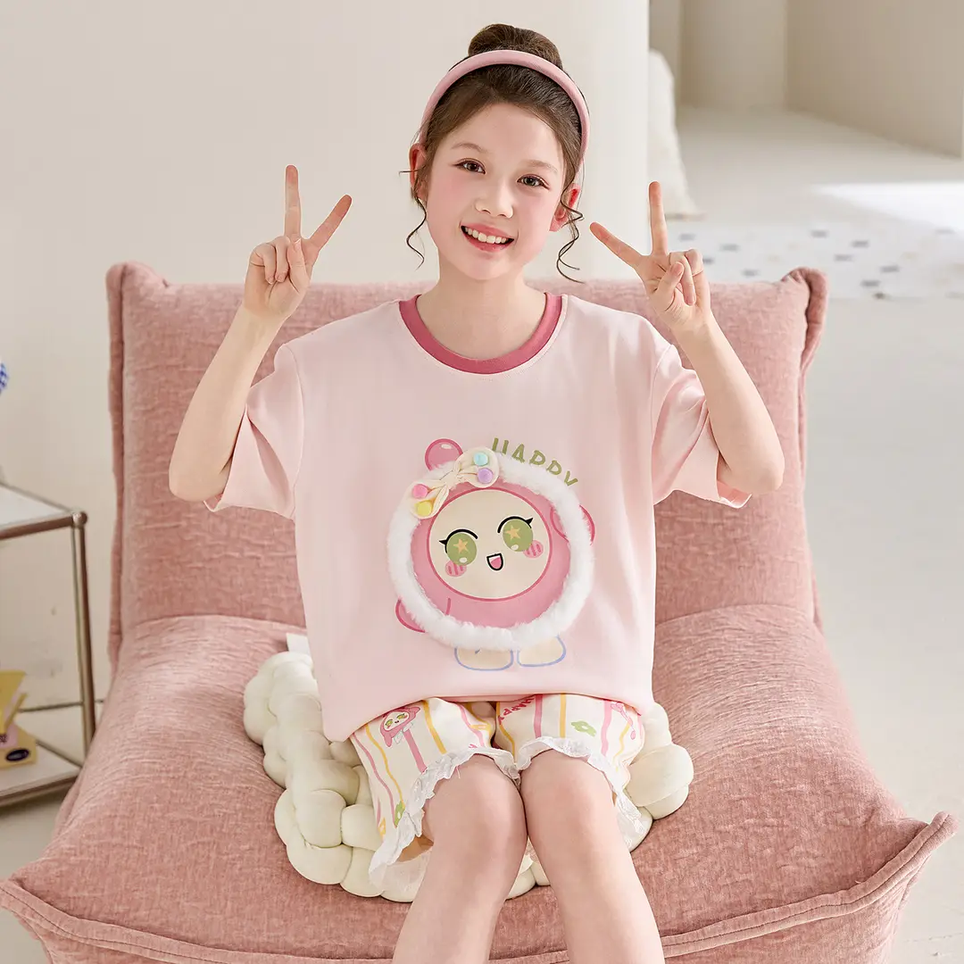 100% Cotton Medium and Large Kidsren's Pajamas Summer Girls Cartoon Short-Sleeved Shorts Home Clothes Girls Suit New Style