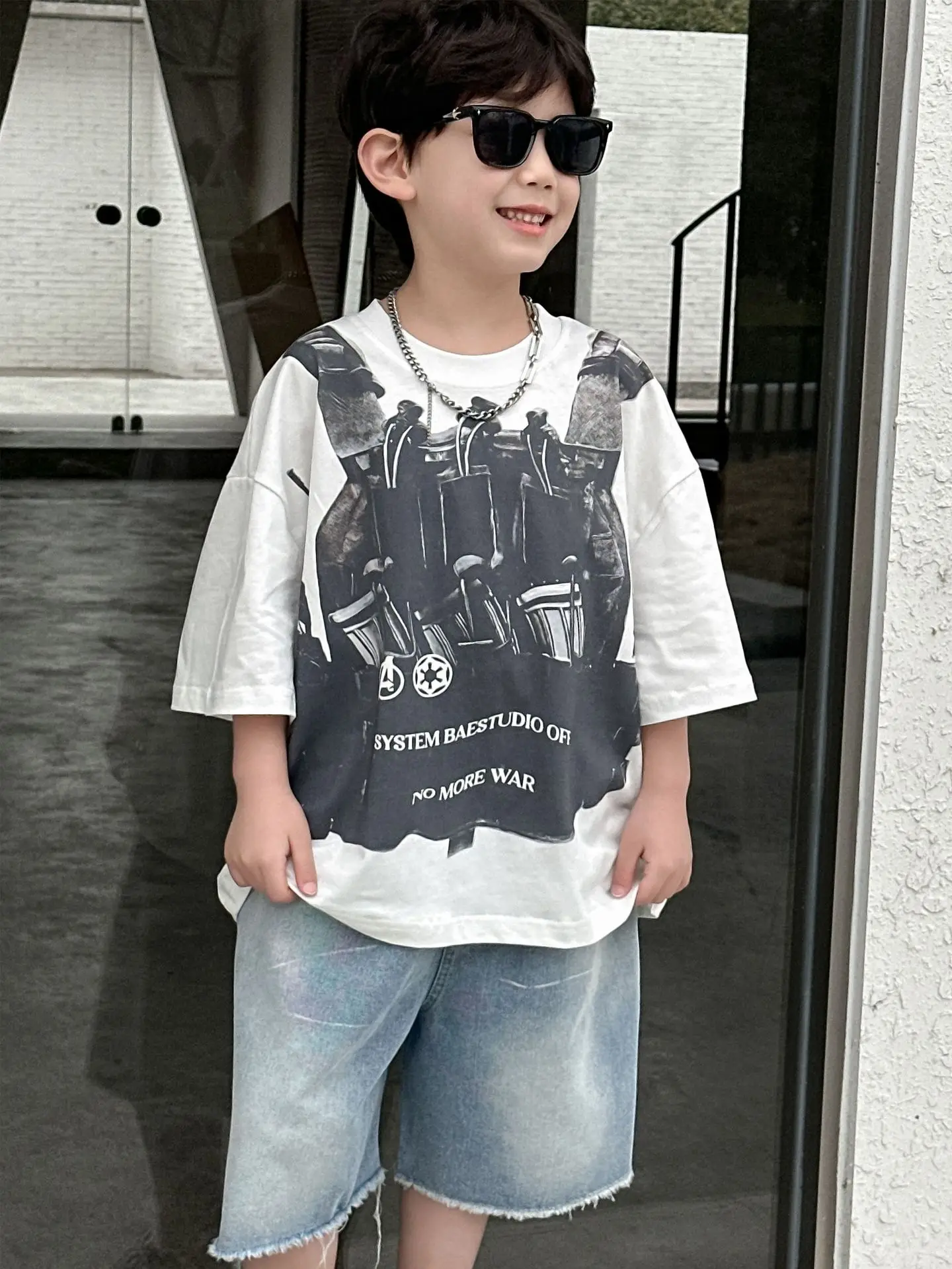 Boys Printed Cotton T-Shirt Grey Short Sleeve Medium