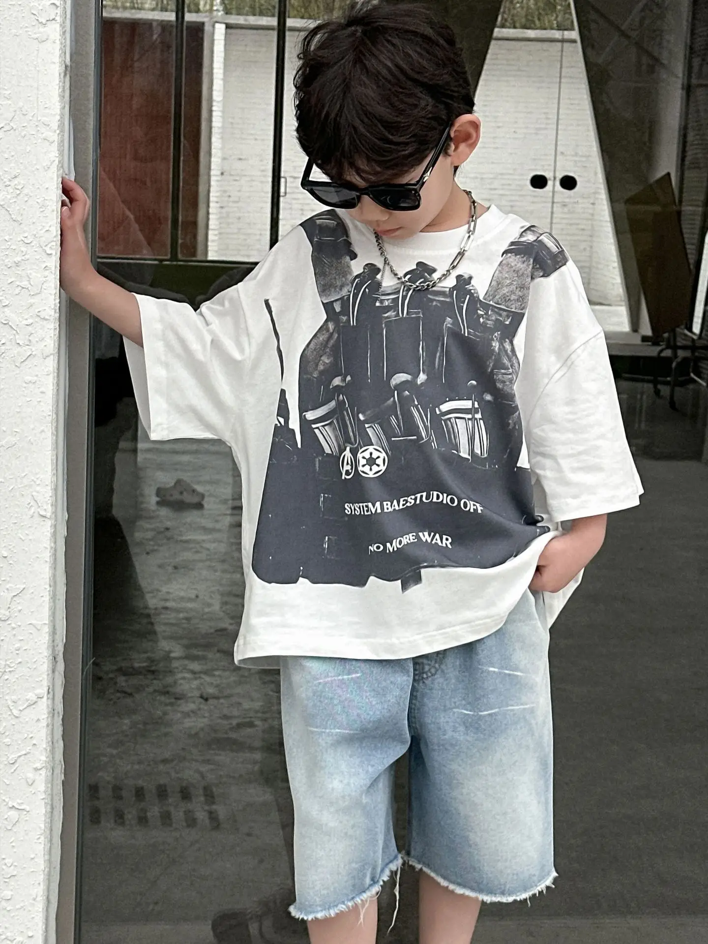 Boys Printed Cotton T-Shirt Grey Short Sleeve Medium