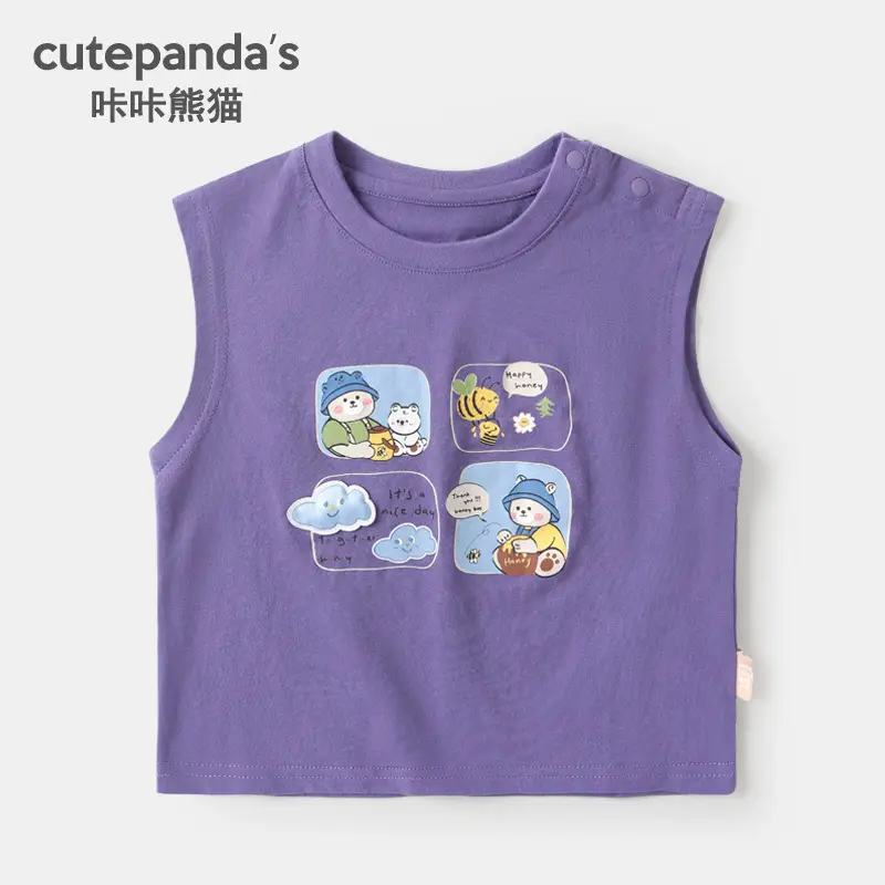 Kaka Panda Kids Sleeveless T-Shirt White Cat Print - Image 11