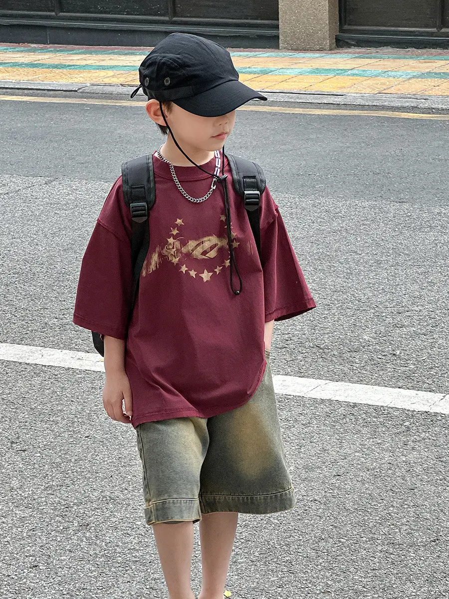 Boys Printed T-Shirt Shorts Set Maroon Denim 2025 - Image 4
