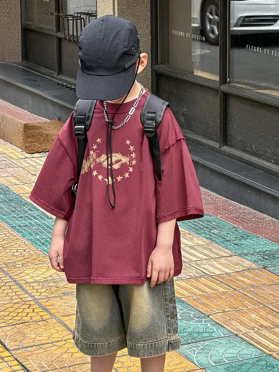 Boys Printed T-Shirt Shorts Set Maroon Denim 2025 - Image 5