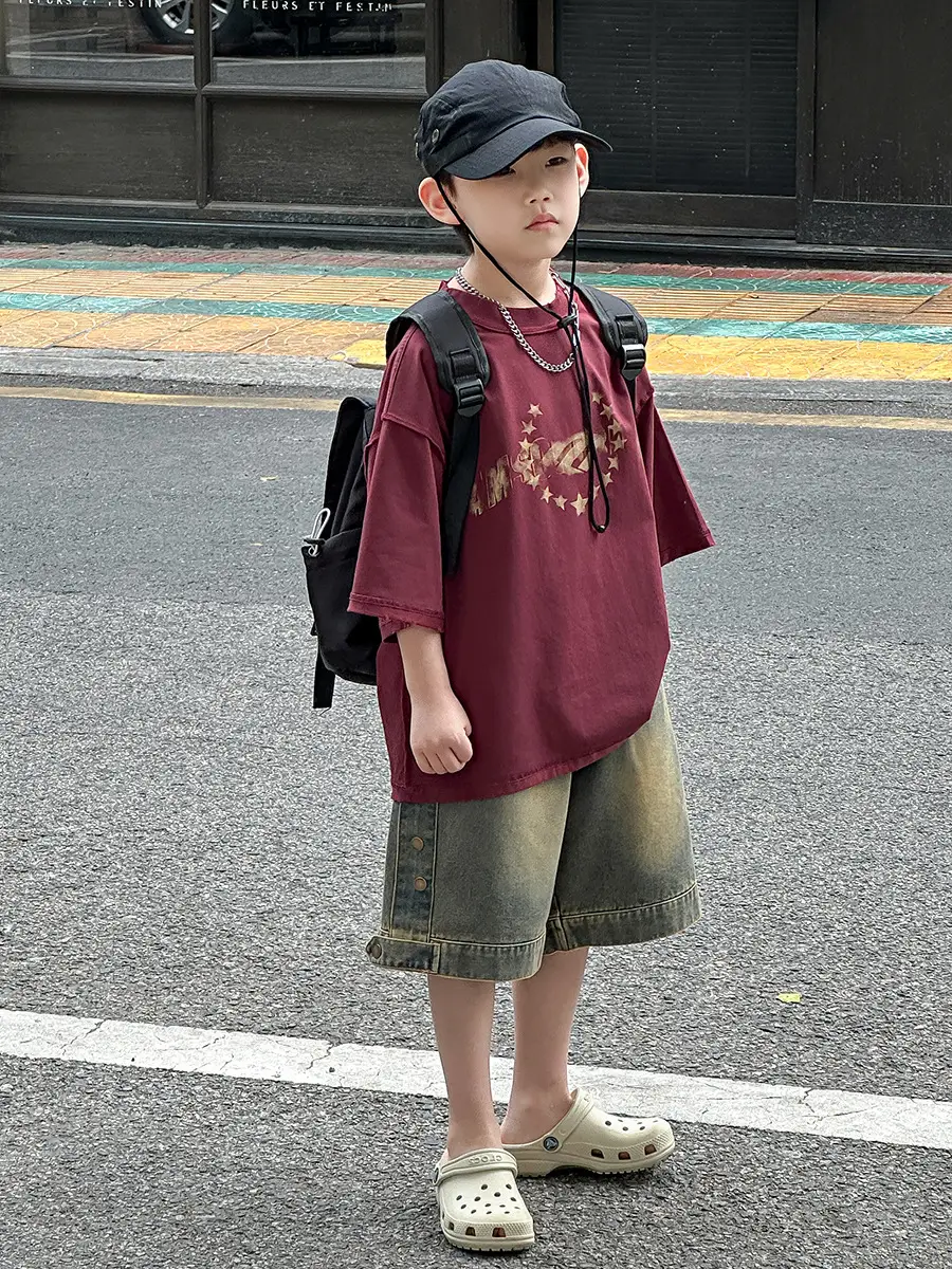 Boys Printed T-Shirt Shorts Set Maroon Denim 2025 - Image 7