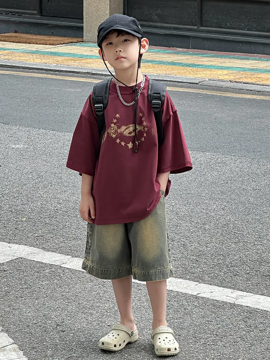 Boys Printed T-Shirt Shorts Set Maroon Denim 2025 — feature 16