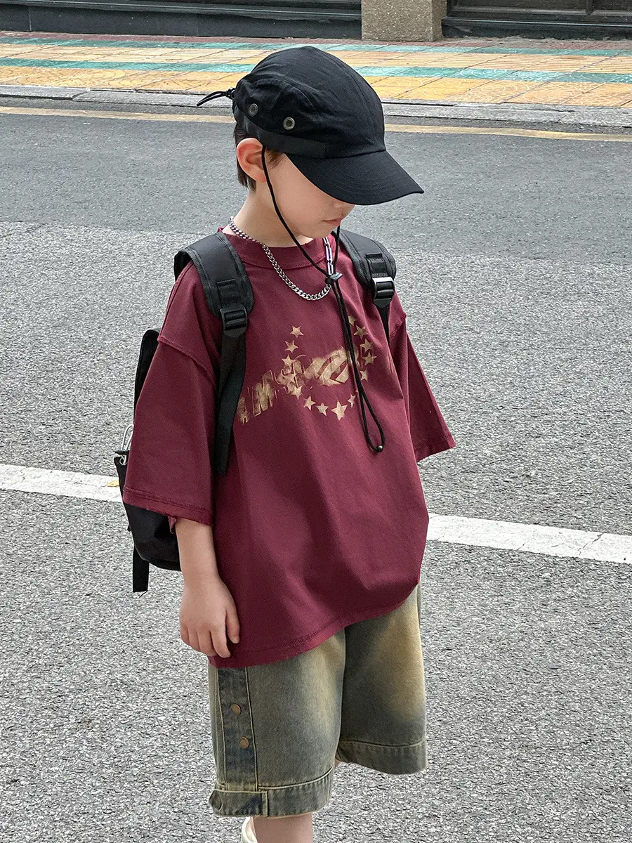 Boys Printed T-Shirt Shorts Set Maroon Denim 2025 — feature 17
