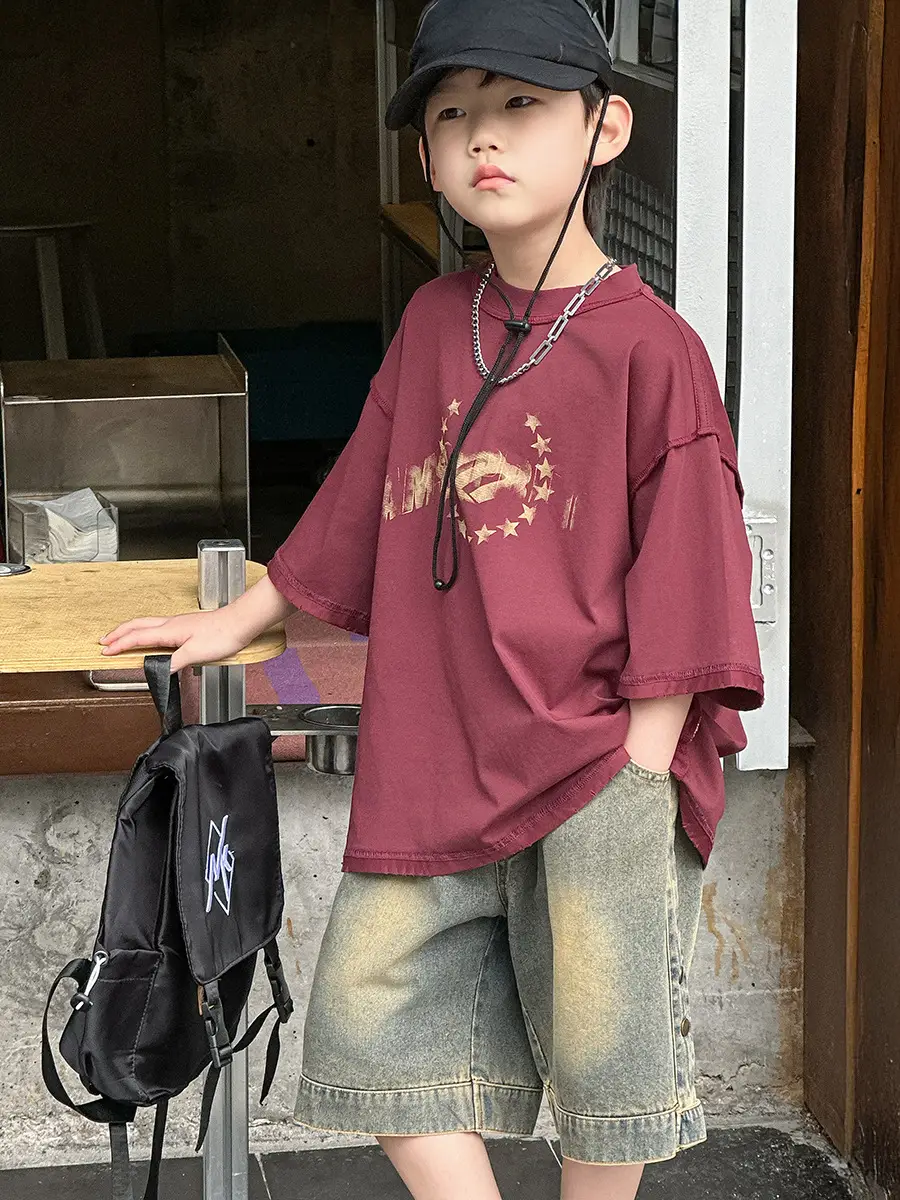 Boys Printed T-Shirt Shorts Set Maroon Denim 2025 — feature 18