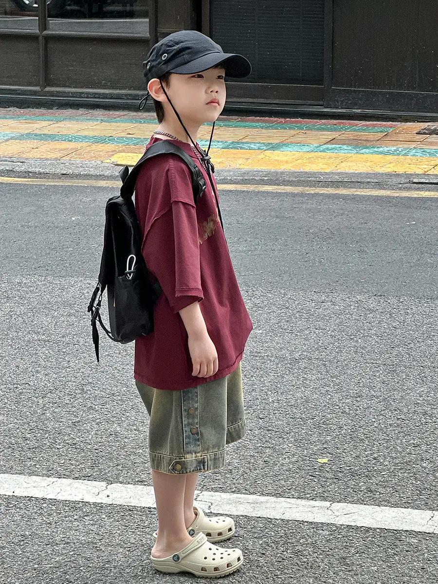 Boys Printed T-Shirt Shorts Set Maroon Denim 2025 — feature 19