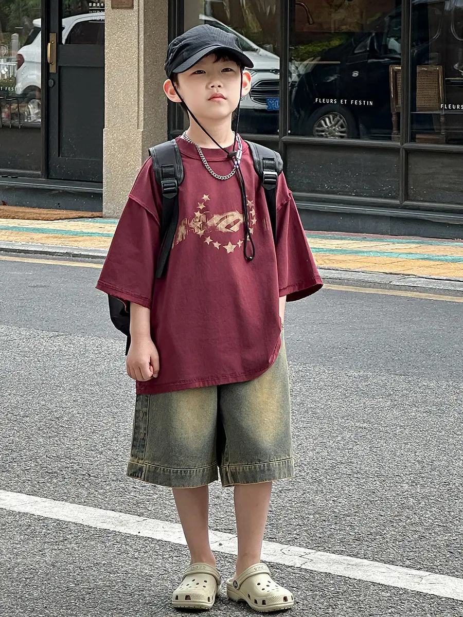 Boys Printed T-Shirt Shorts Set Maroon Denim 2025 — feature 20