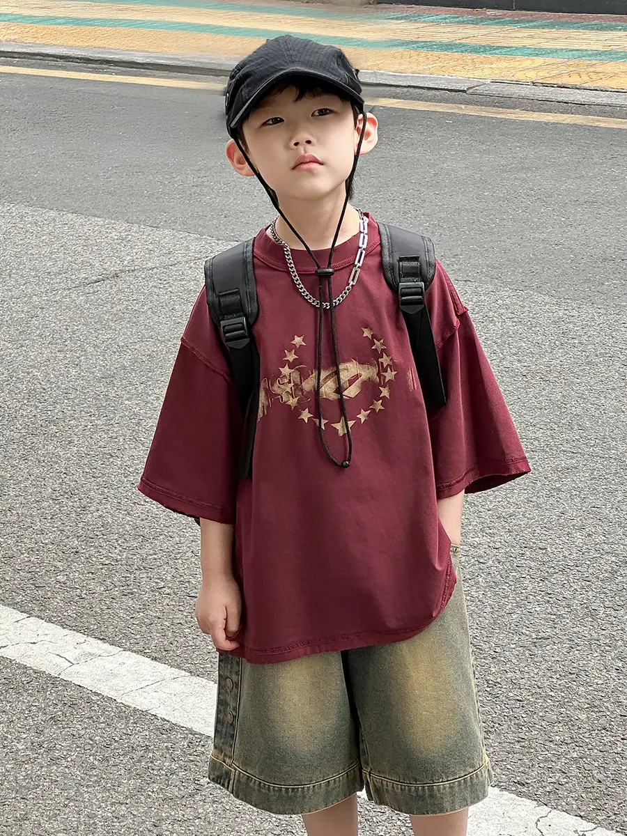Boys Printed T-Shirt Shorts Set Maroon Denim 2025 — feature 21