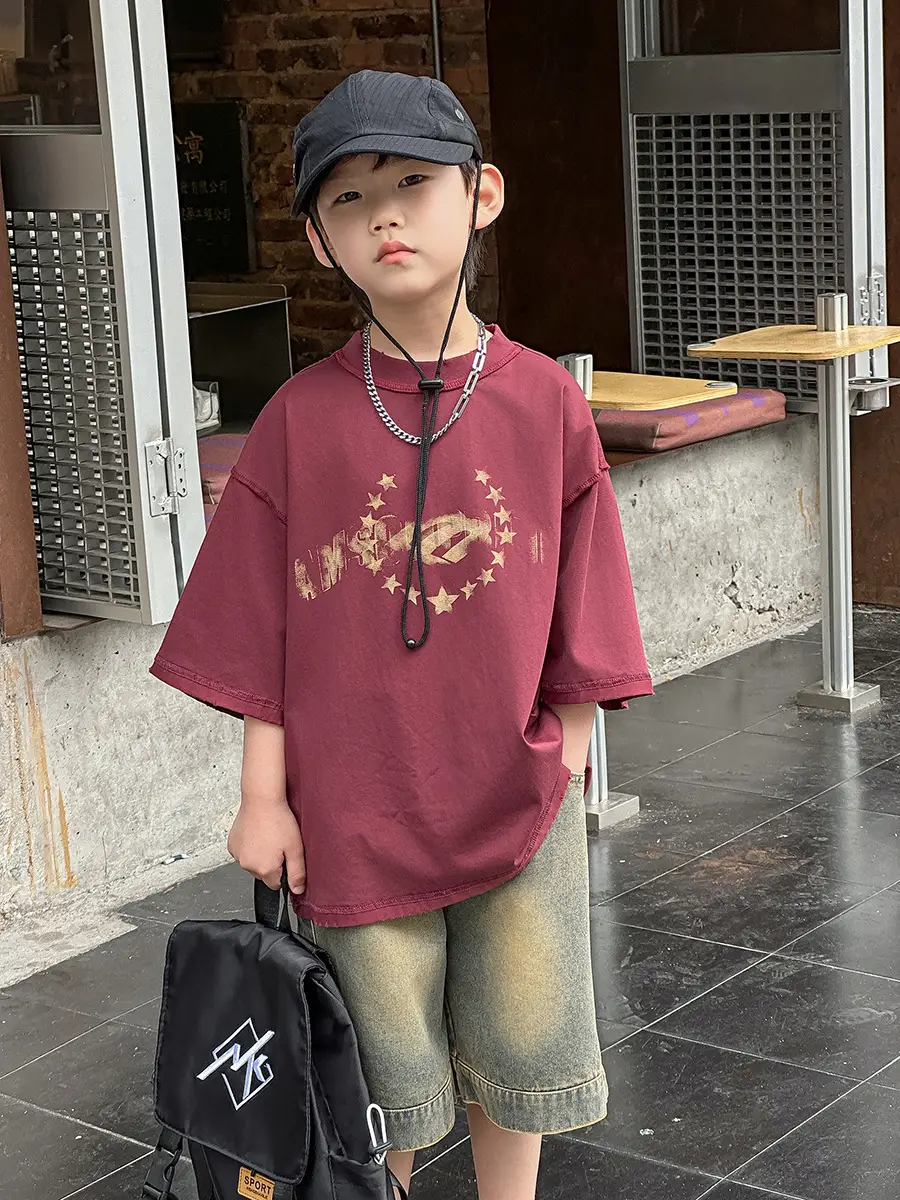 Boys Printed T-Shirt Shorts Set Maroon Denim 2025 — feature 22