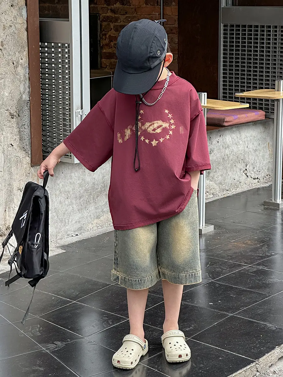 Boys Printed T-Shirt Shorts Set Maroon Denim 2025 — feature 23
