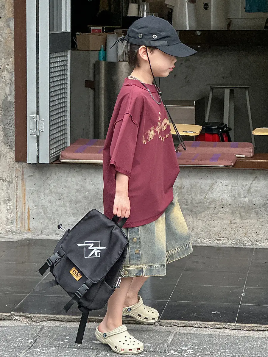 Boys Printed T-Shirt Shorts Set Maroon Denim 2025 — feature 24
