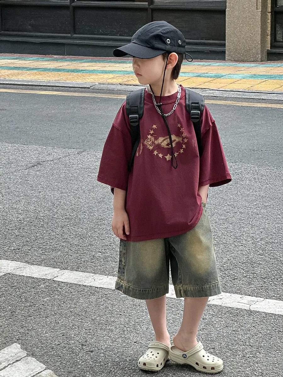 Boys Printed T-Shirt Shorts Set Maroon Denim 2025 — feature 4