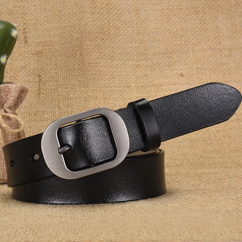 Women's Retro Leather Belt with Silver Buckle - Image 2
