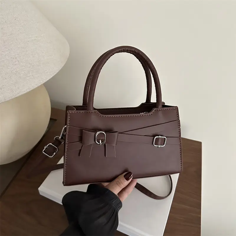 Brown Textured Bow Shoulder Bag for Women - Image 6