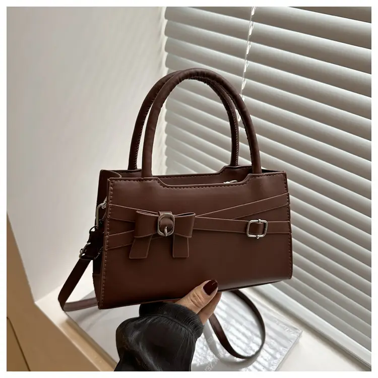Brown Textured Bow Shoulder Bag for Women — feature 21