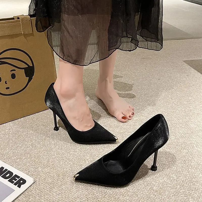 2026 Spring and Autumn New Black Suede High Heels, Wine Glass Heel, Elegant Professional Shoes for Women, Pointed Toe French Style Single Shoes for Women